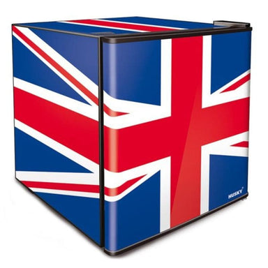 Husky Union jack Mini Fridge front and side view